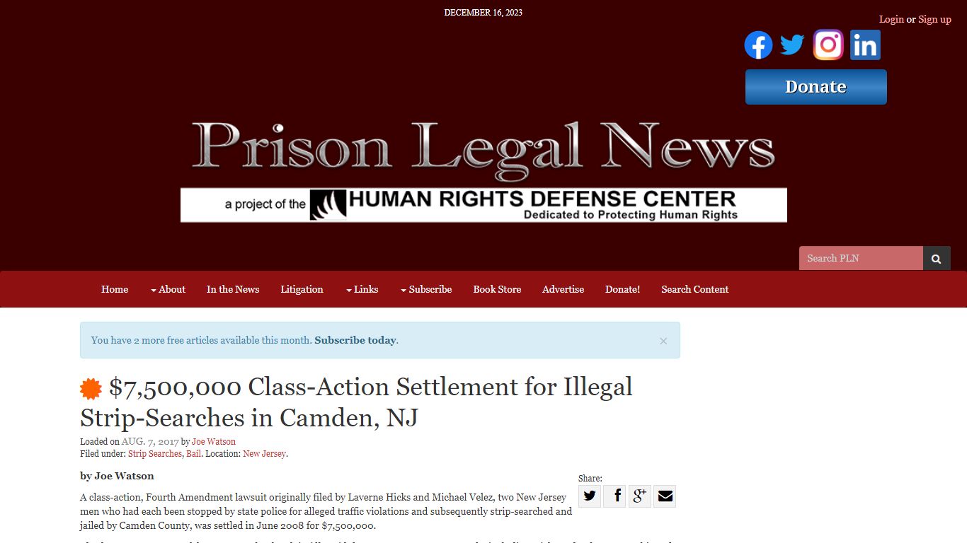 $7,500,000 Class-Action Settlement for Illegal Strip-Searches in Camden ...
